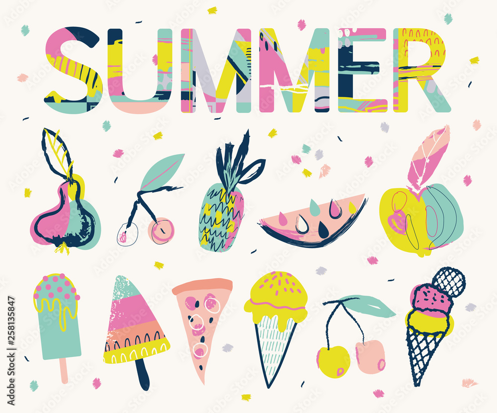 Summer lettering and elements set. Hand drawn illustrations. Summer Typographic. Vector illustration.