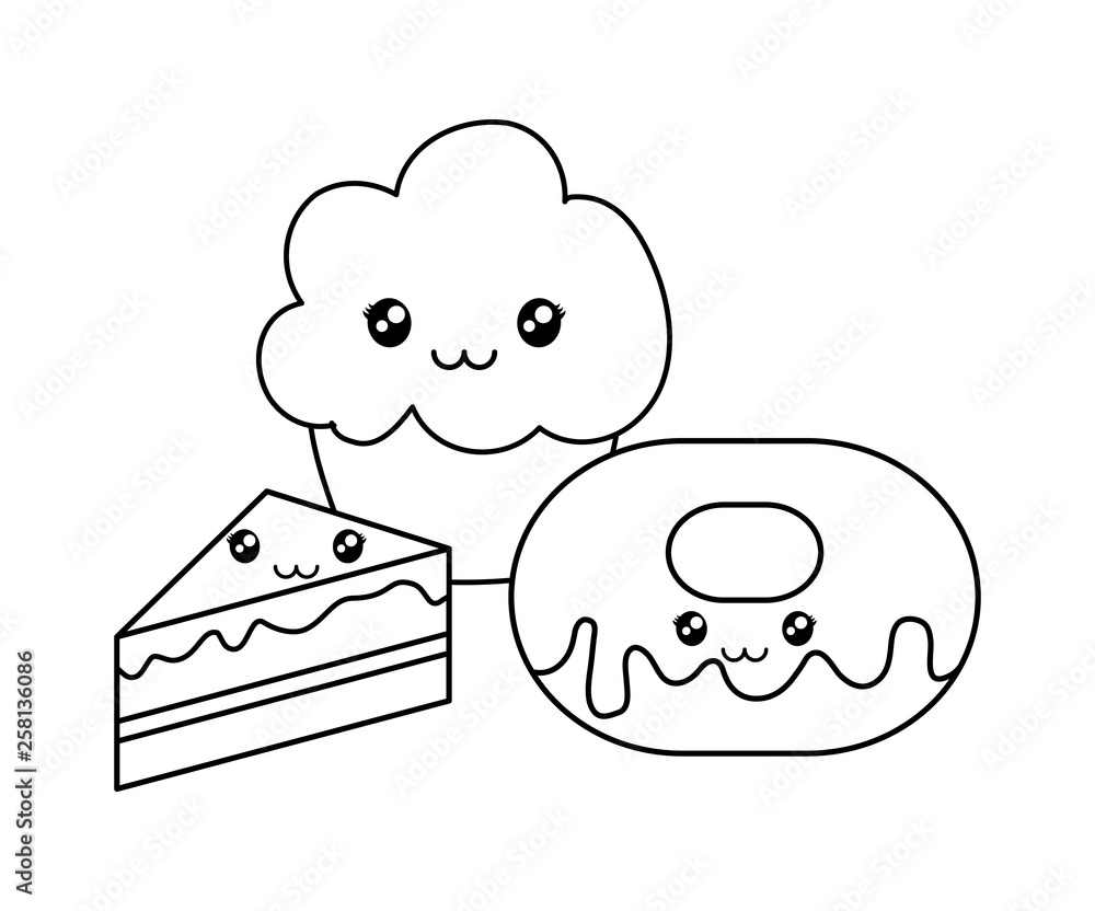 donut with cupcake and cake kawaii character donut with cupcake and cake kawaii character