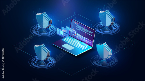 Isometric personal data protection web banner concept. Cyber security and privacy. Network digital technology concept. Security vector icon. Vector isolated illustration. The future of data security.