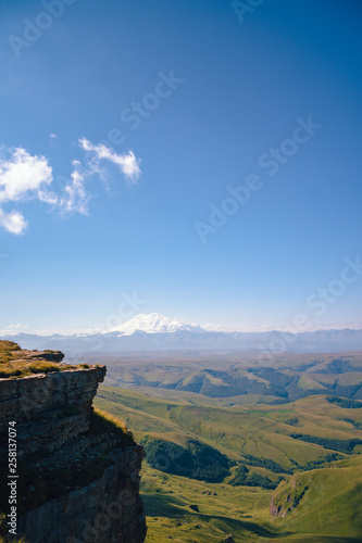 View of the snow Elbrus in summer