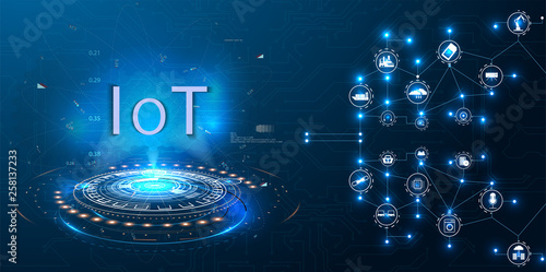  Internet of things (IoT) and networking concept for connected devices. Spider web of network connections with on a futuristic blue background. Innovation sign. Digital design concept. IoT hologram