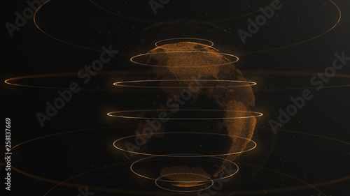 Abstract particle. Golden, orange planet inside the veilted loop, created of dots. Total black dackdrop. Little white dots on the background. Sphere. White and orange loops.