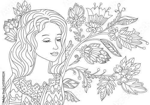 dreamy girl with eyes closed in fantasy forest for your coloring