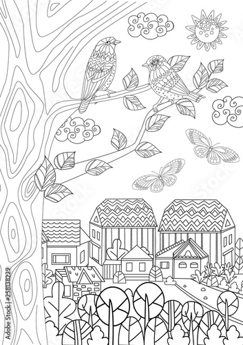rural landscape with cute birds on tree for your coloring book