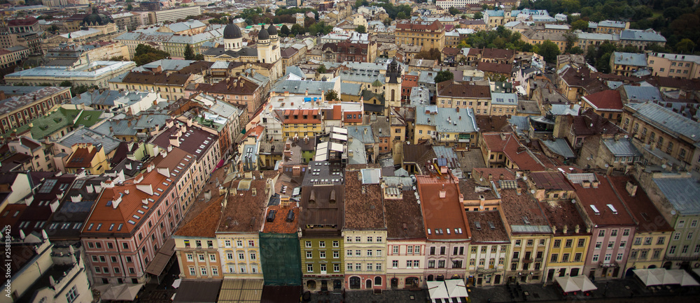 panoramic view of old european city, top view banner of architecture