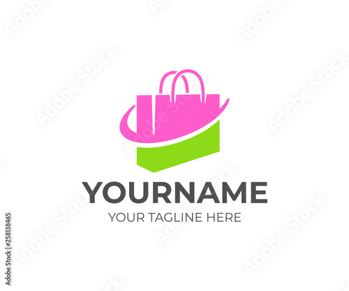 Shopping bag or handbag, package and online shop, logo design. Pack, store or shop, retail, shopping center and fashion, vector design and illustration