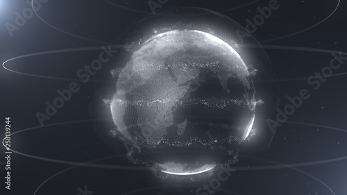 Futuristic sphere of dots. Globalization interface. Sense of science and technology abstract graphics. 3D rendering. White loops around sphere. Sidepieces of the planet are glowing and sparking.
