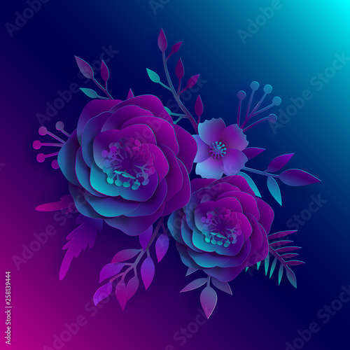 Paper art, realistic vector 3D flowers on a neon blue and pink light with leaves cut of paper. Stock illustration