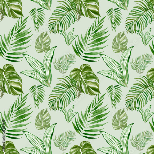 Watercolor tropical leaves and plants seamless pattern. Exotic green palm leaves, monstera leaf on light green background. Decorative botanical summer print. Great for textile design, cards, wrapping.