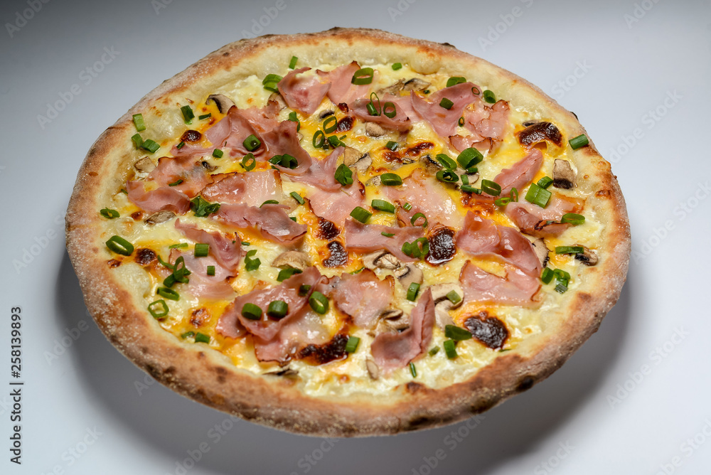 pizza with ham and mushrooms