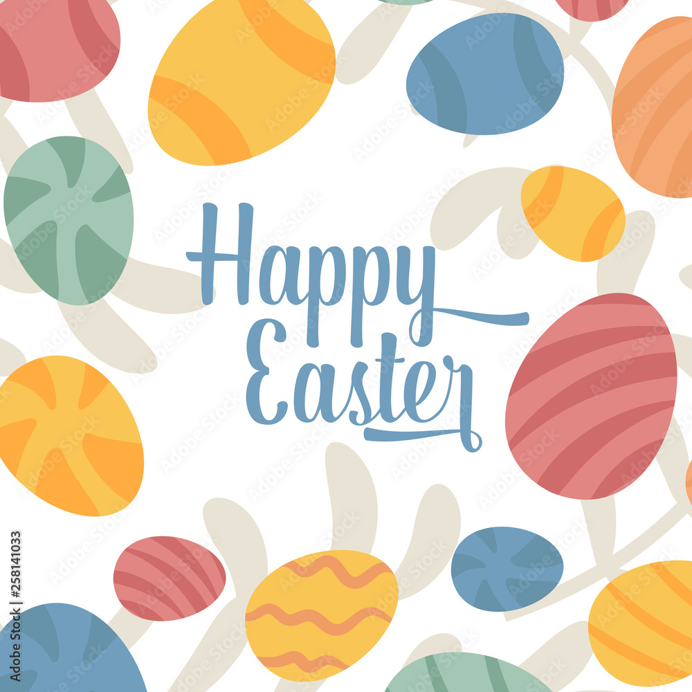 Happy Easter greeting card square design. Abstract cropped Easter wreath with eggs. Cute cartoon style, Scandinavian hygge mood. Textured decorated eggs. Vector illustration.
