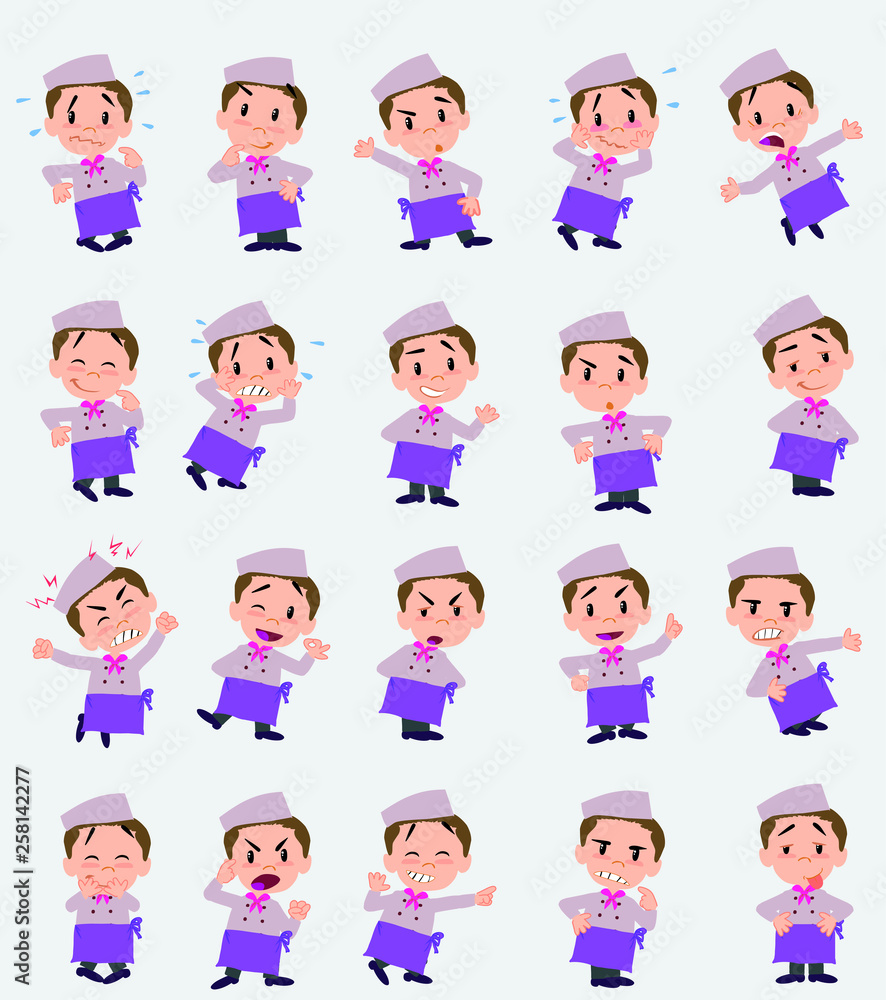 Cartoon character chef. Set with different postures, attitudes and poses, doing different activities in isolated vector illustrations. Cartoon character chef. Set with different postures, attitudes and poses, doing different activities in isolated vector illustrations.
