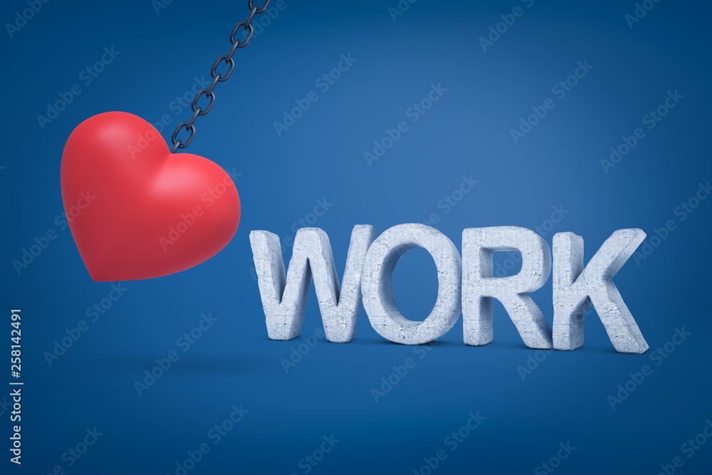 Fototapeta premium 3d rendering of big red heart hanging on metal chain with WORK concrete sign on blue background