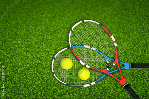 3d rendering of two tennis rackets and two tennis balls as seen from above on a fresh green lawn.