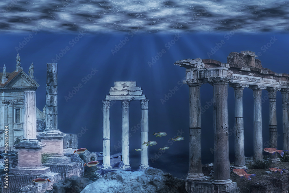 Illustration of the ruins of the Atlantis civilization. Underwater ...