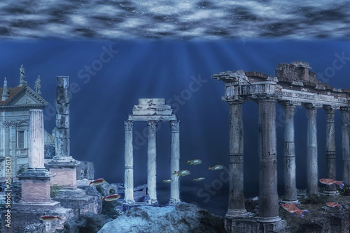 Illustration of the ruins of the Atlantis civilization. Underwater ruins