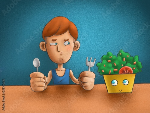 A man hesitates to eat salad
