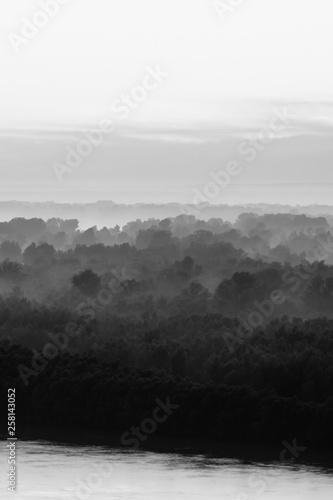 Mystical view on riverbank of large island with forest under haze at early morning in grayscale. Mist among layers from tree silhouettes. Morning monochrome atmospheric landscape of majestic nature.