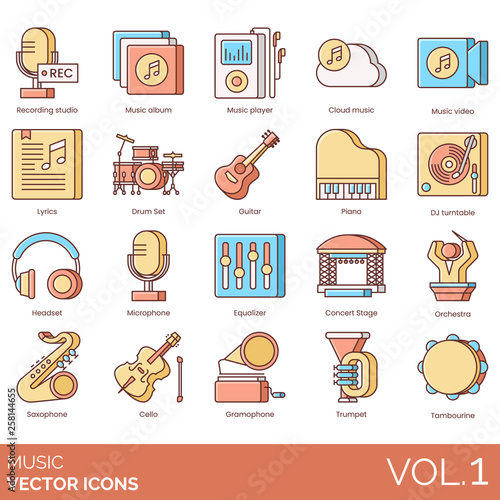 Music icons including recording studio, album, cloud, video, lyrics, drum set, guitar, piano, DJ turntable, headset, microphone, equalizer, concert stage, orchestra, saxophone, cello, gramophone.