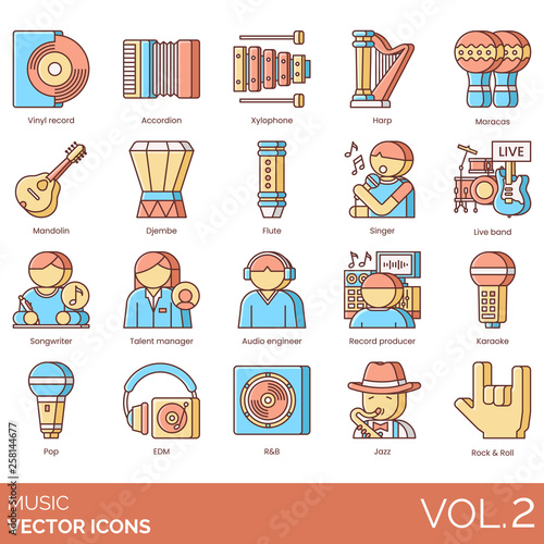 Music icons including vinyl record, accordion, xylophone, harp, maracas, mandolin, djembe, flute, singer, live band, songwriter, talent manager, audio engineer, producer, karaoke, pop, EDM, RnB, jazz.
