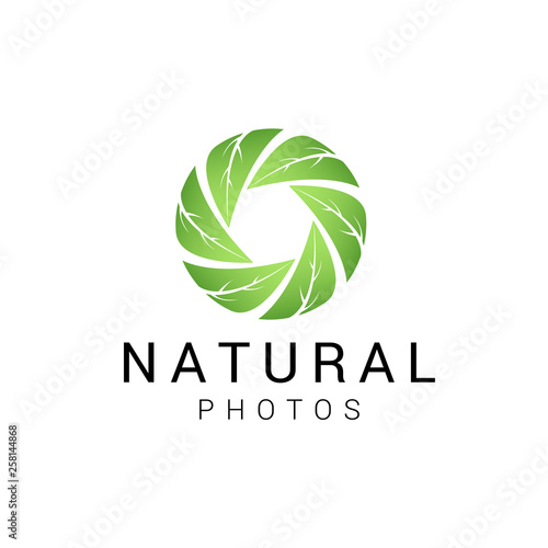 Vector camera shutter and leaf logo combination. Unique photo and organic logotype design template. - Vector