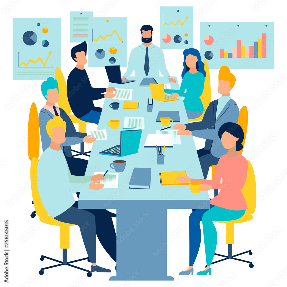 Team work conference meeting. Business talking. Flat style. Cartoon vector  Stock Vector | Adobe Stock