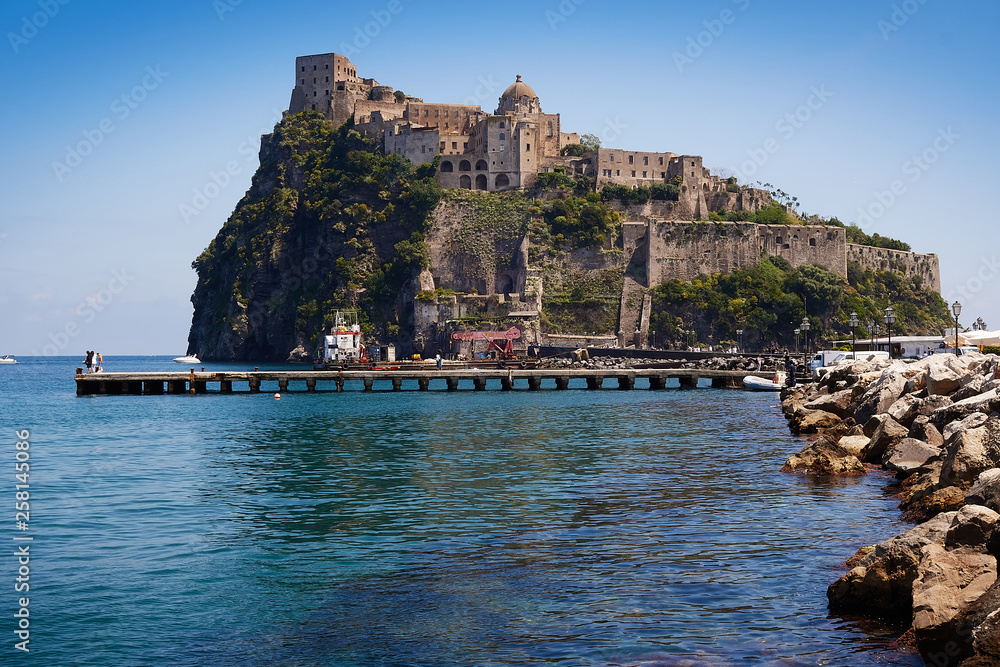 Landmark of Aragonese Castle on Ischia island, Naples Italy