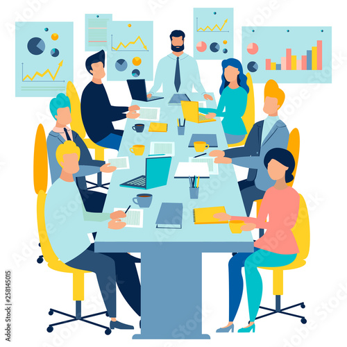 Team work conference meeting. Business talking. Flat style. Cartoon vector