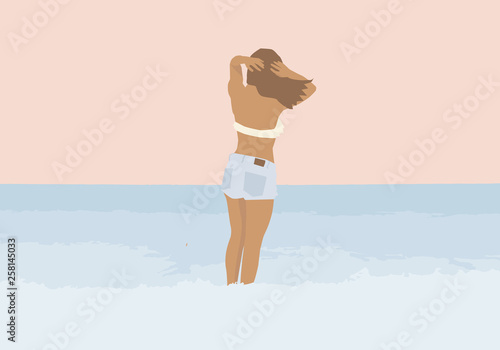 Girl in a swimsuit and jean shorts on the sea background. Vector flat illustration.