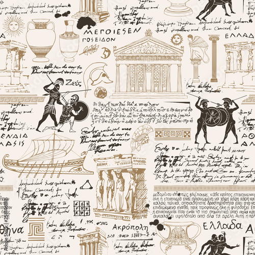 Vector seamless pattern on the theme of ancient Greece. Antique manuscript with sketches, illegible handwritten texts, blots and spots in retro style. Can be used as wallpaper or wrapping paper photo