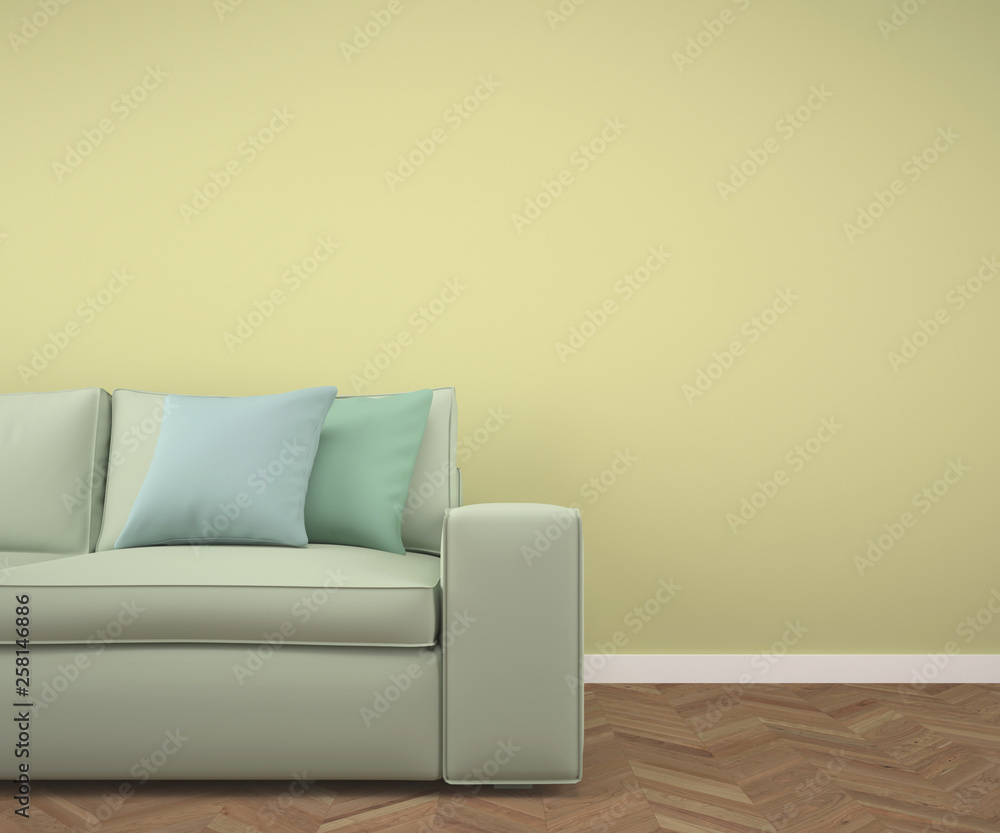Empty room with fishbone parquet floor, yellow wall and sofa and pastel colored pillows. 3d rendering made using Blender Empty room with fishbone parquet floor, yellow wall and sofa and pastel colored pillows. 3d rendering made using Blender