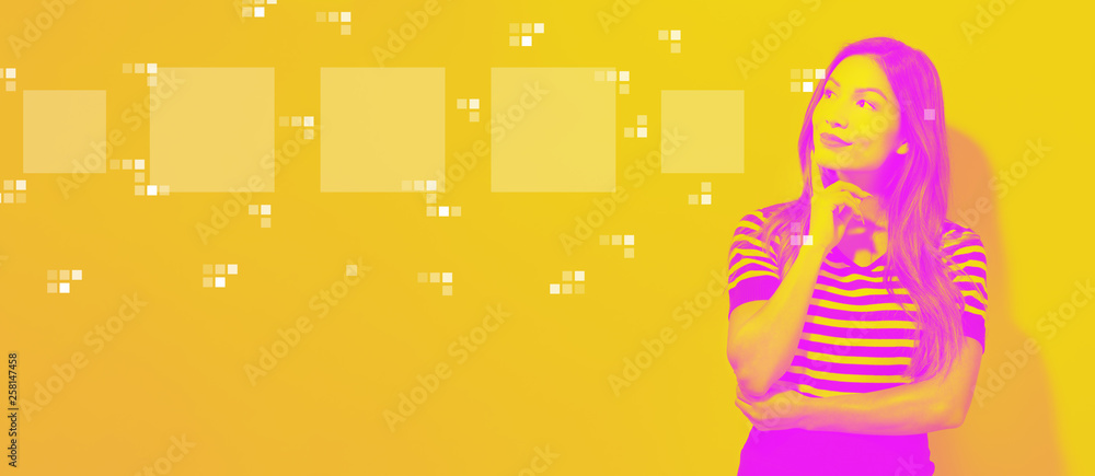 Digital square boxes with young businesswoman in a thoughtful face Digital square boxes with young businesswoman in a thoughtful face