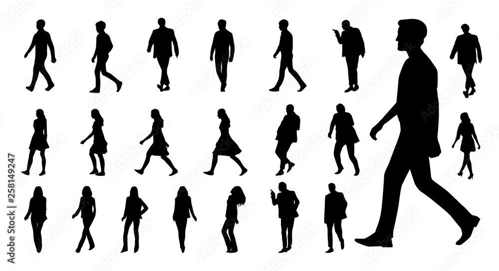 Vector collection of walking people silhouettes. Vector set - obrazy, fototapety, plakaty 
