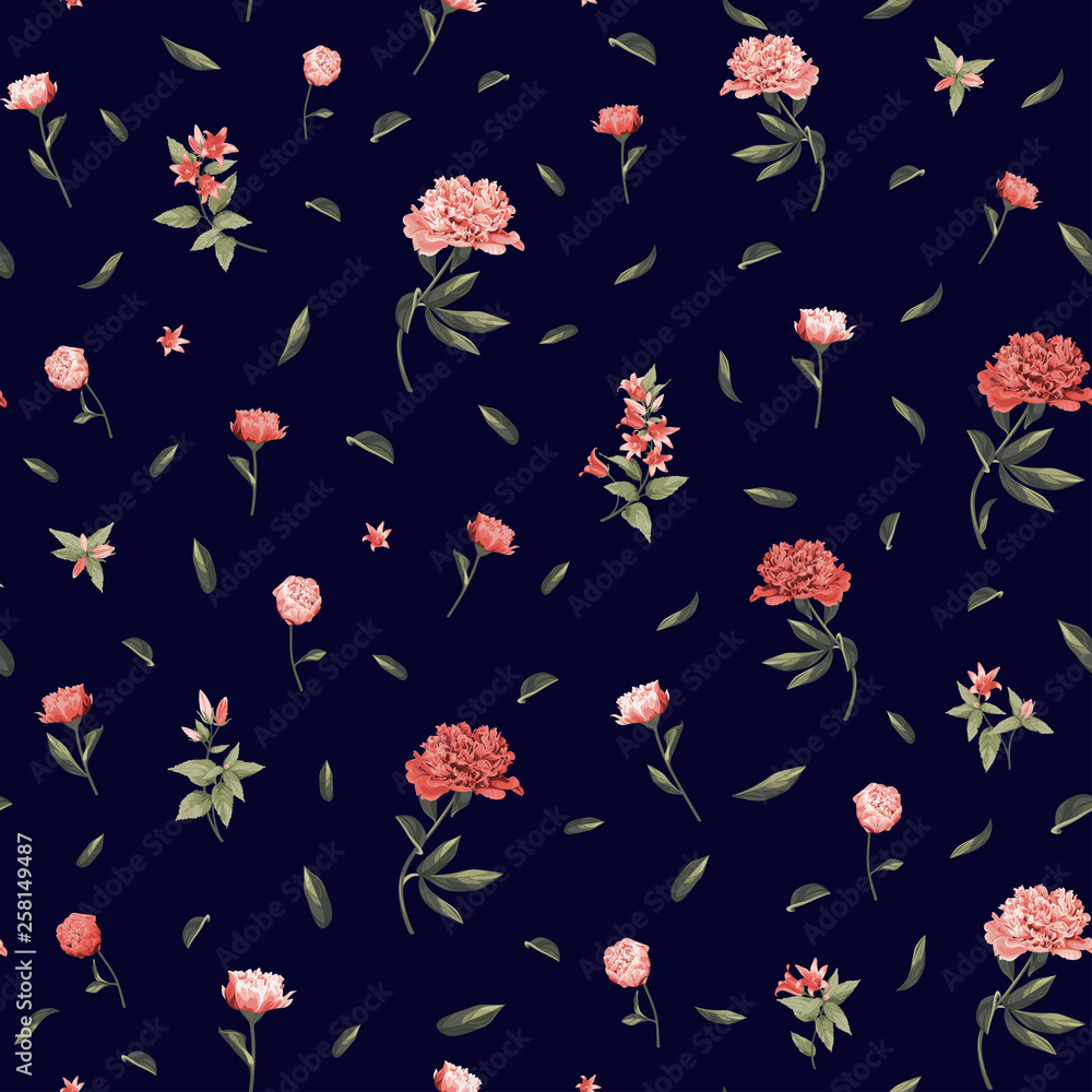 Seamless floral pattern with red and pink Peony and Campanula on black background.