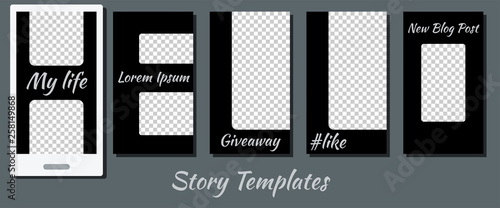 A set of minimalist stories for social networks. Frame for your photos. Seth to create your unique content. Templates for stories. Pattern in the shape of letters.