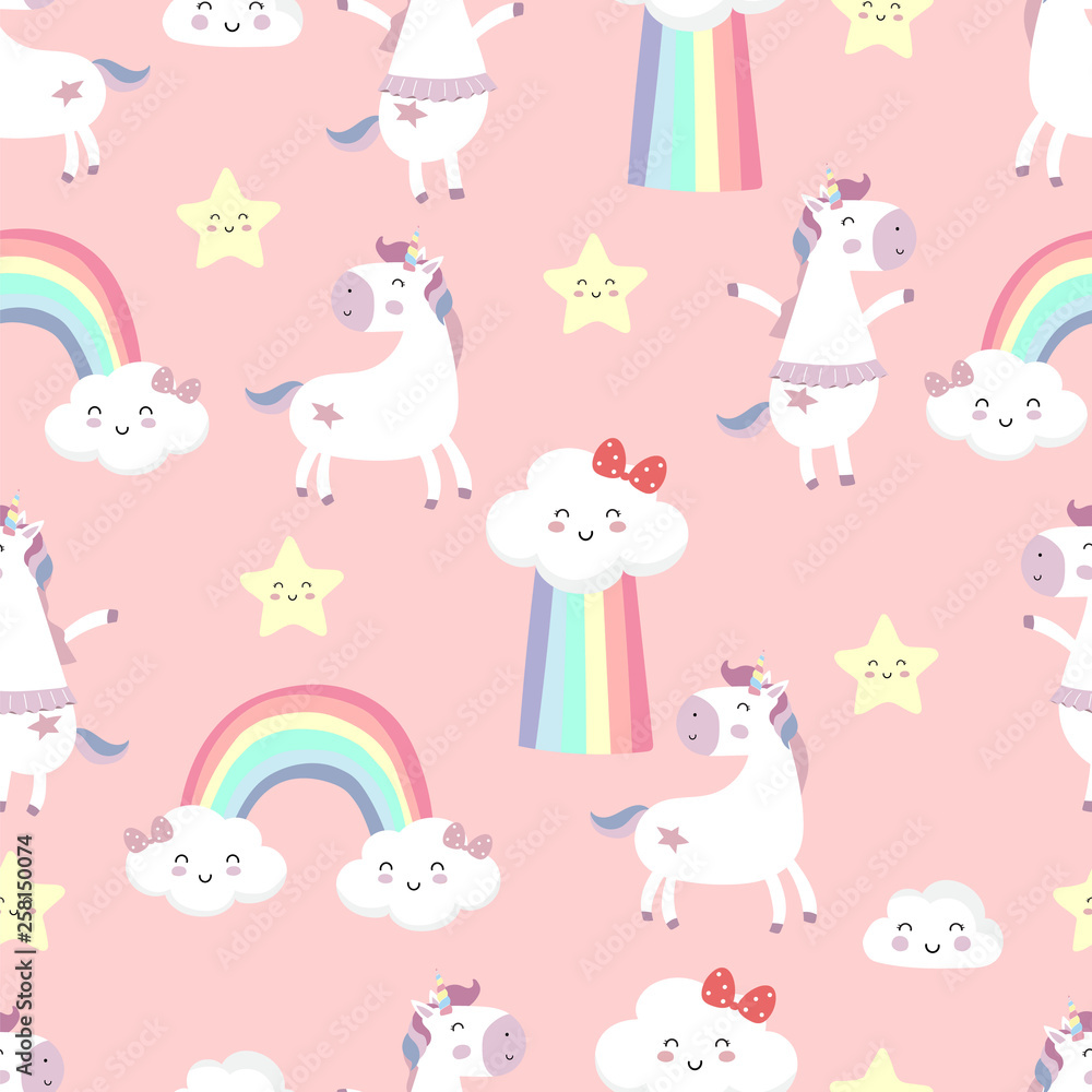 Pink blue violet hand drawn seamless pattern with rainbow,heart,cloud,unicorn,sun and rain Pink blue violet hand drawn seamless pattern with rainbow,heart,cloud,unicorn,sun and rain