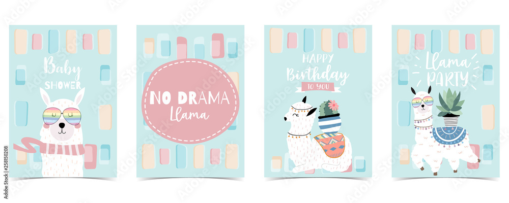 pastel baby shower invitation card with llama and cactus Stock