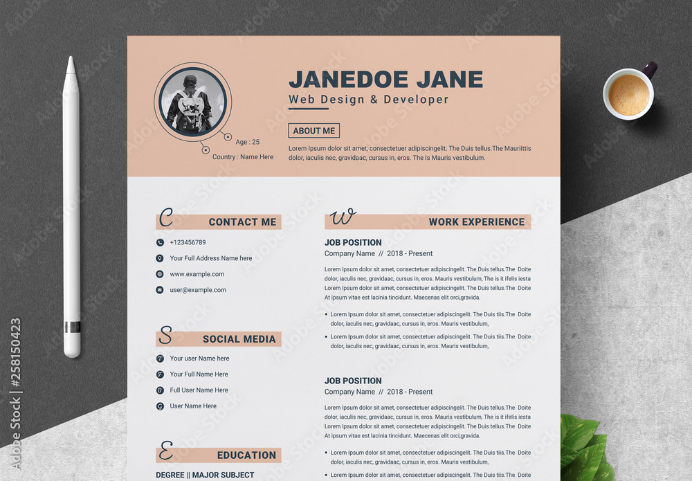Resume and Cover Letter Layout with Tan Header Accents Stock Template ...
