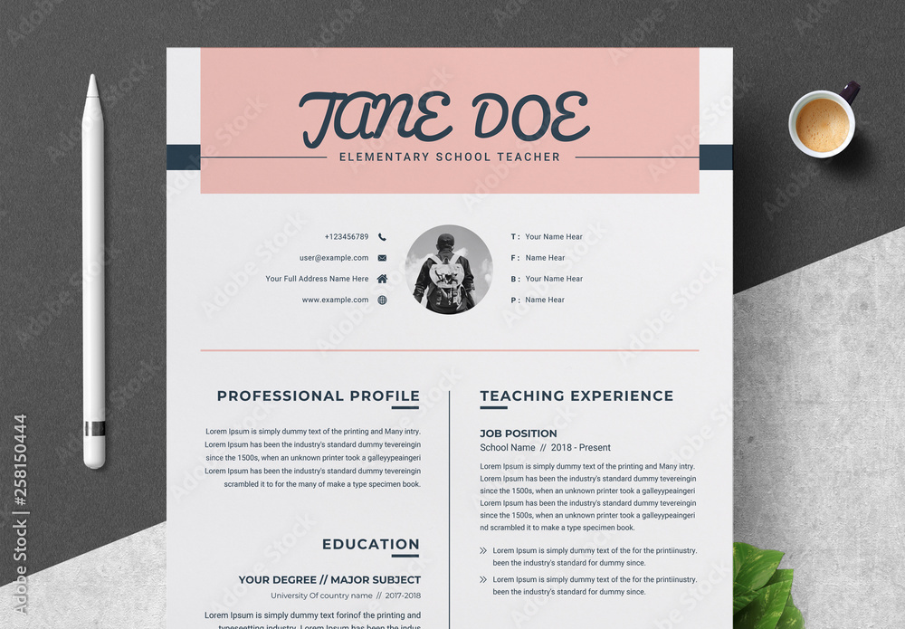 Resume, Cover Letter, and Reference Sheet Layout with Pink Header Stock