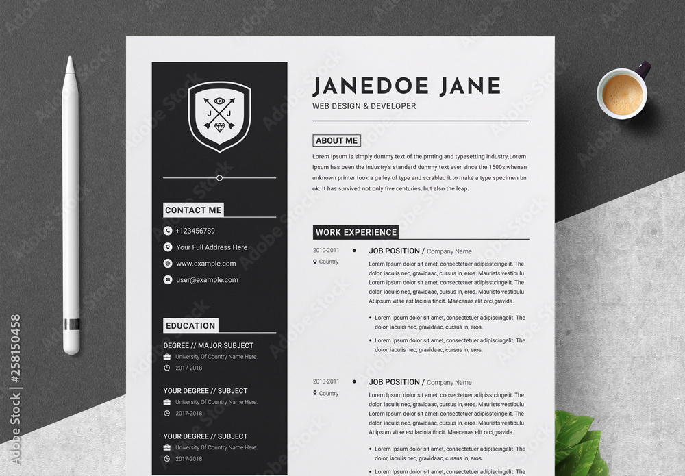 Resume and Cover Letter Layout with Dark Sidebar Stock Template Adobe