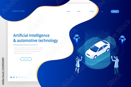 Isometric Cybernetic Robots and people works with a virtual interface in augmented reality. Virtual computer development of a car model using artificial intelligence. Future concept.
