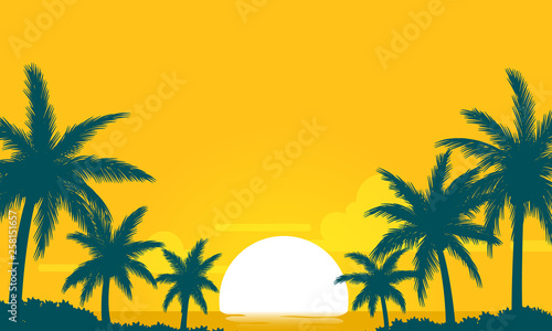 summer sunset yellow sky with silhouette coconut palm vector background