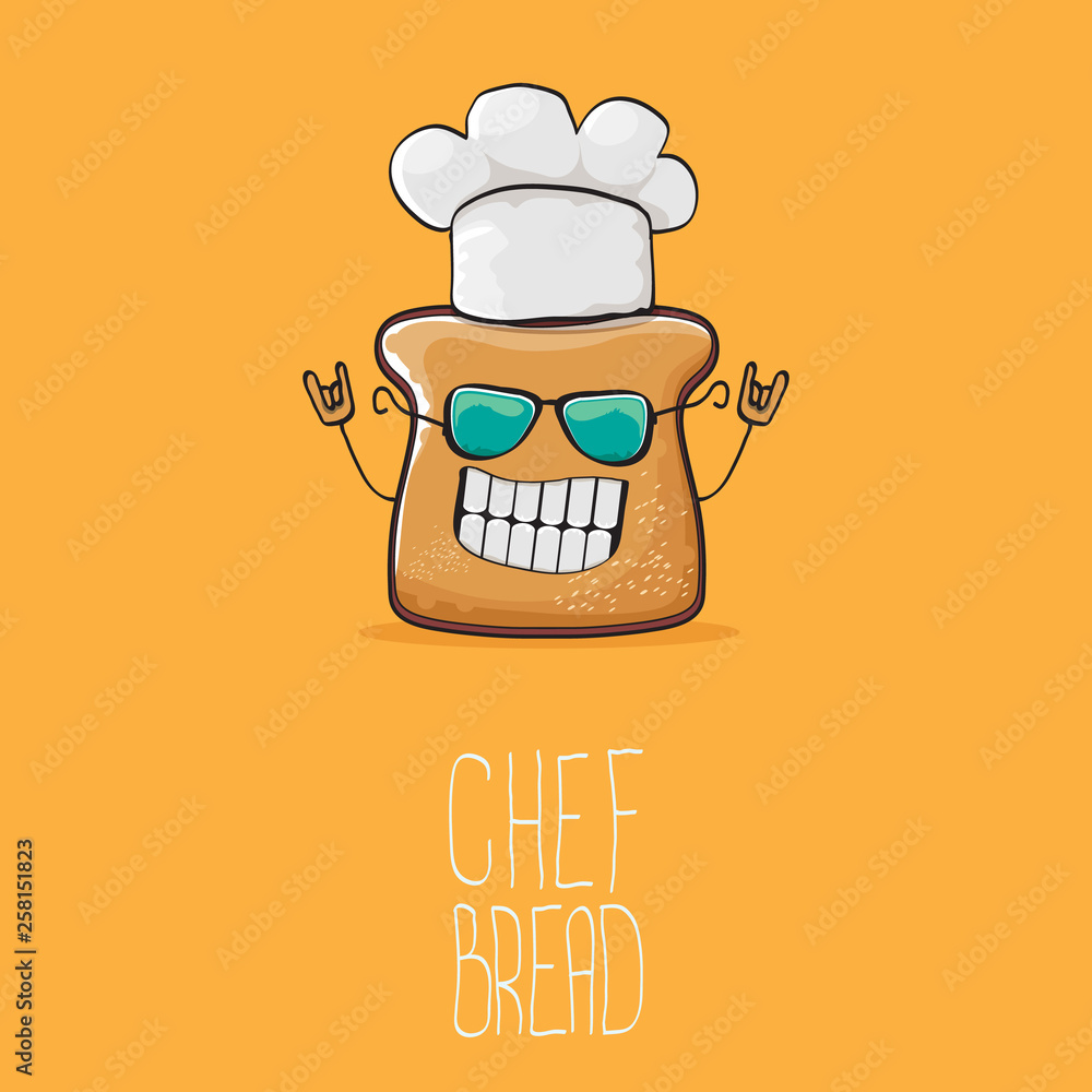 vector funky cartoon cute bread chef character with white chef hat isolated on orange background. My name is bread concept illustration. Bakery funky logo or mascot design template vector funky cartoon cute bread chef character with white chef hat isolated on orange background. My name is bread concept illustration. Bakery funky logo or mascot design template