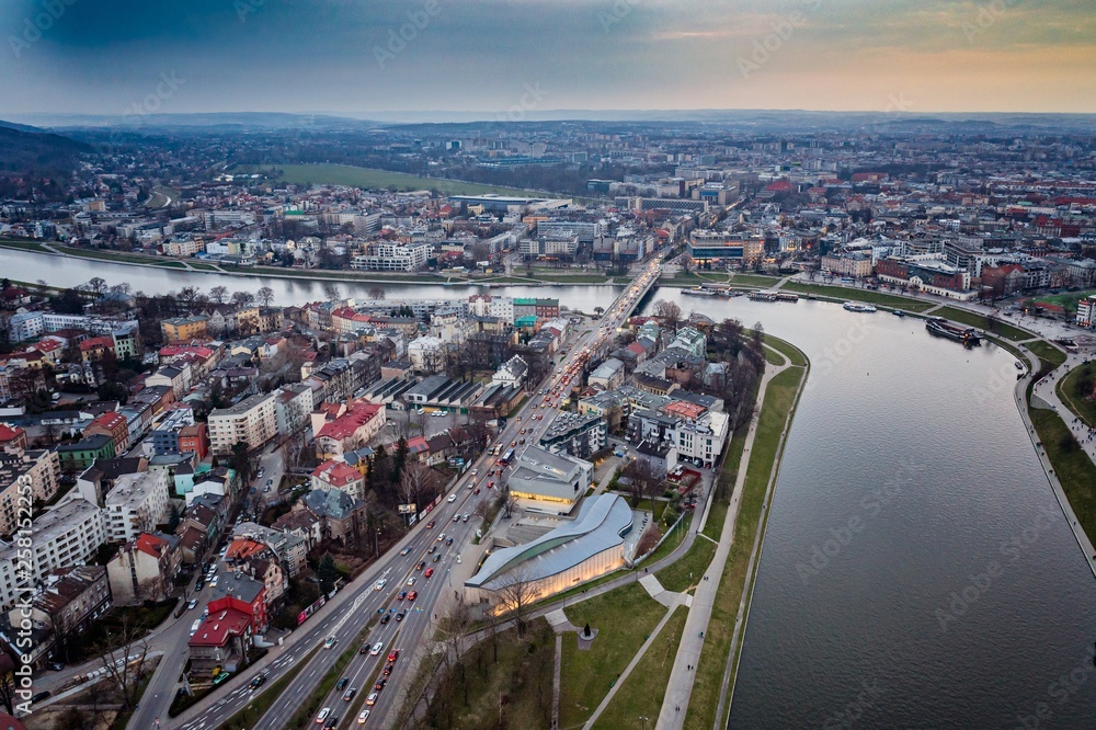 Aerial drone view on Cracow and Vistula River.