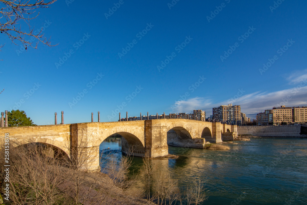 Medieval bridge over Ebro river in Zaragoza