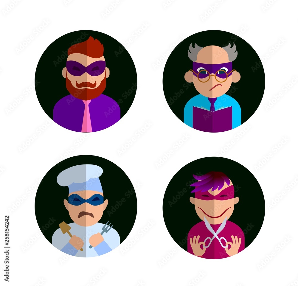 characters in masks of superheroes in the black circle