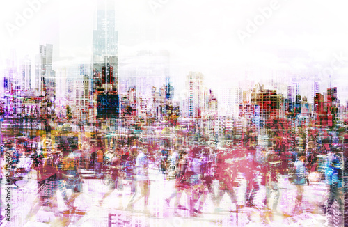 Canvas Print Crowd of anonymous people walking on busy city street - abstract city life conce