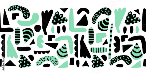 Horizontal seamless vector border modern abstract doodle shapes. Pattern simple elements green and black background. Scandinavian style. Modern happy print for home decor, kids fabric, banner, ribbon