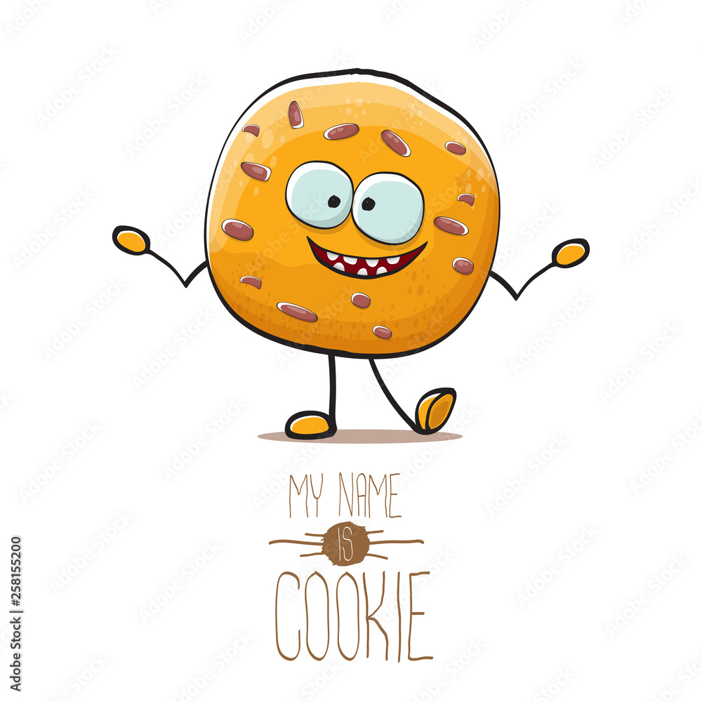Obraz premium vector funny hand drawn homemade chocolate cookie character isolated on white background. My name is cookie concept illustration. funky food character or bakery label mascot
