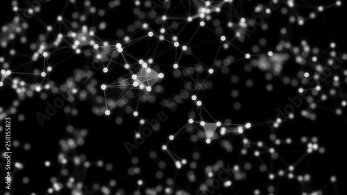 Abstract background, full of white dots, which are connected with white straight lines, on black brurred backdrop.